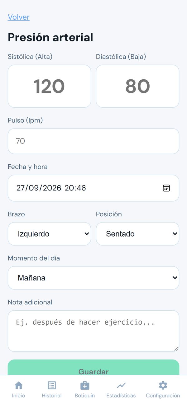 Registro de presión arterial: 120/80, pulso, brazo y posición